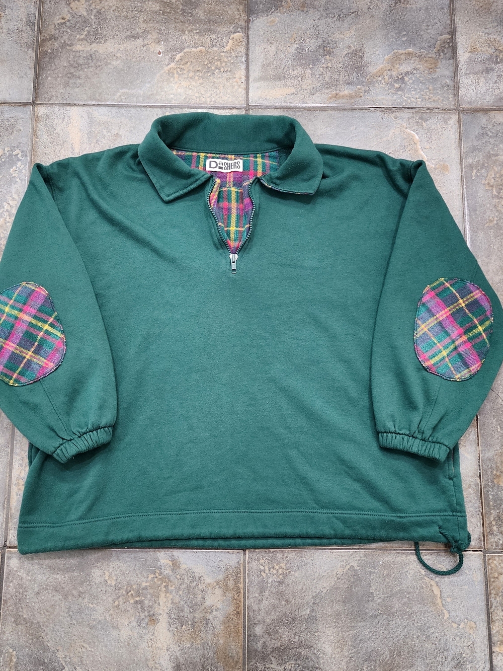 Vintage 90s Dashers Men's Large 1/4 Quarter Zip Plaid Elbow Patches Sweatshirt